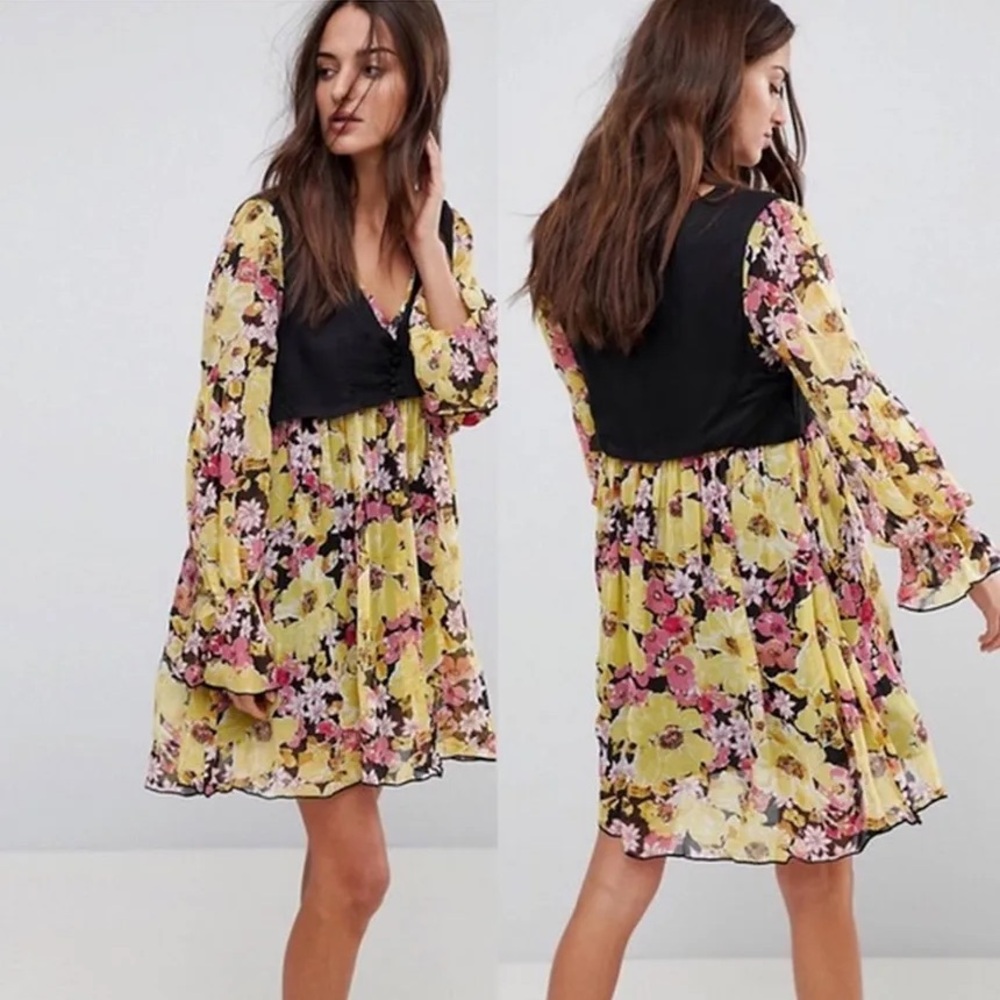 Free People Alice Vested Yellow Floral Long Sleeve Dress Sz M